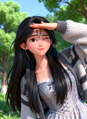 anime girl winking outdoors shading eyes from sunlight