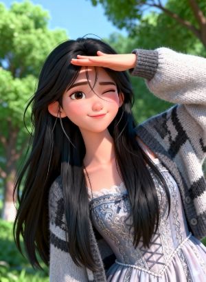 anime girl winking outdoors shading eyes from sunlight